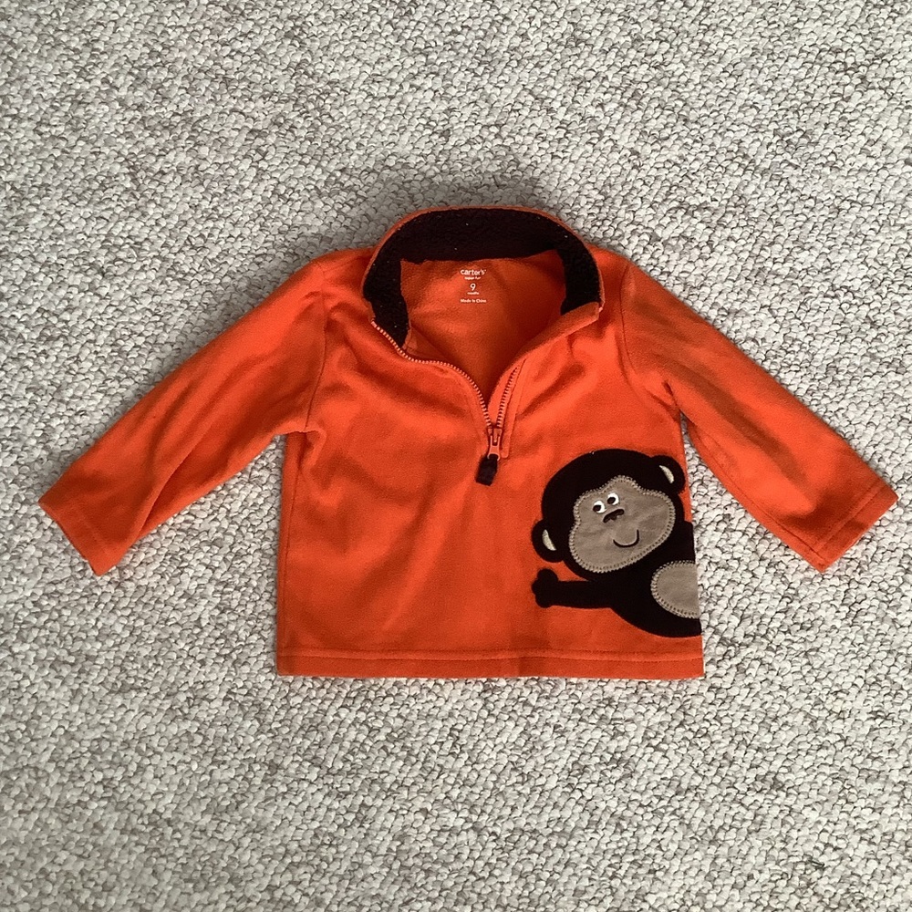 Carters Pullover Zipper Fleece Orange Brown Monkey 9 Months